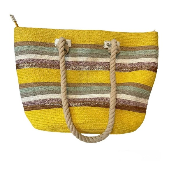 Unbranded Handbags - Paper Straw Tote Bag Yellow Multi Striped Zip Closure Medium Rope Handle…